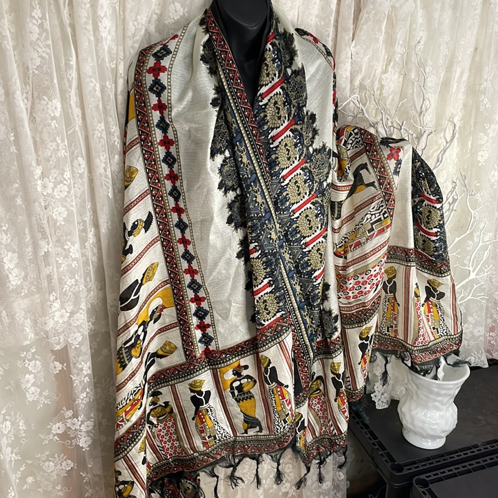 Incredible Ethnic Tribal Silk Scarf African Women White, Black, Blue & Red - Picture 6 of 9